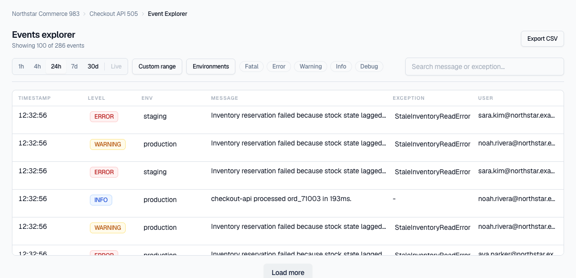Errova events explorer with filters and export controls