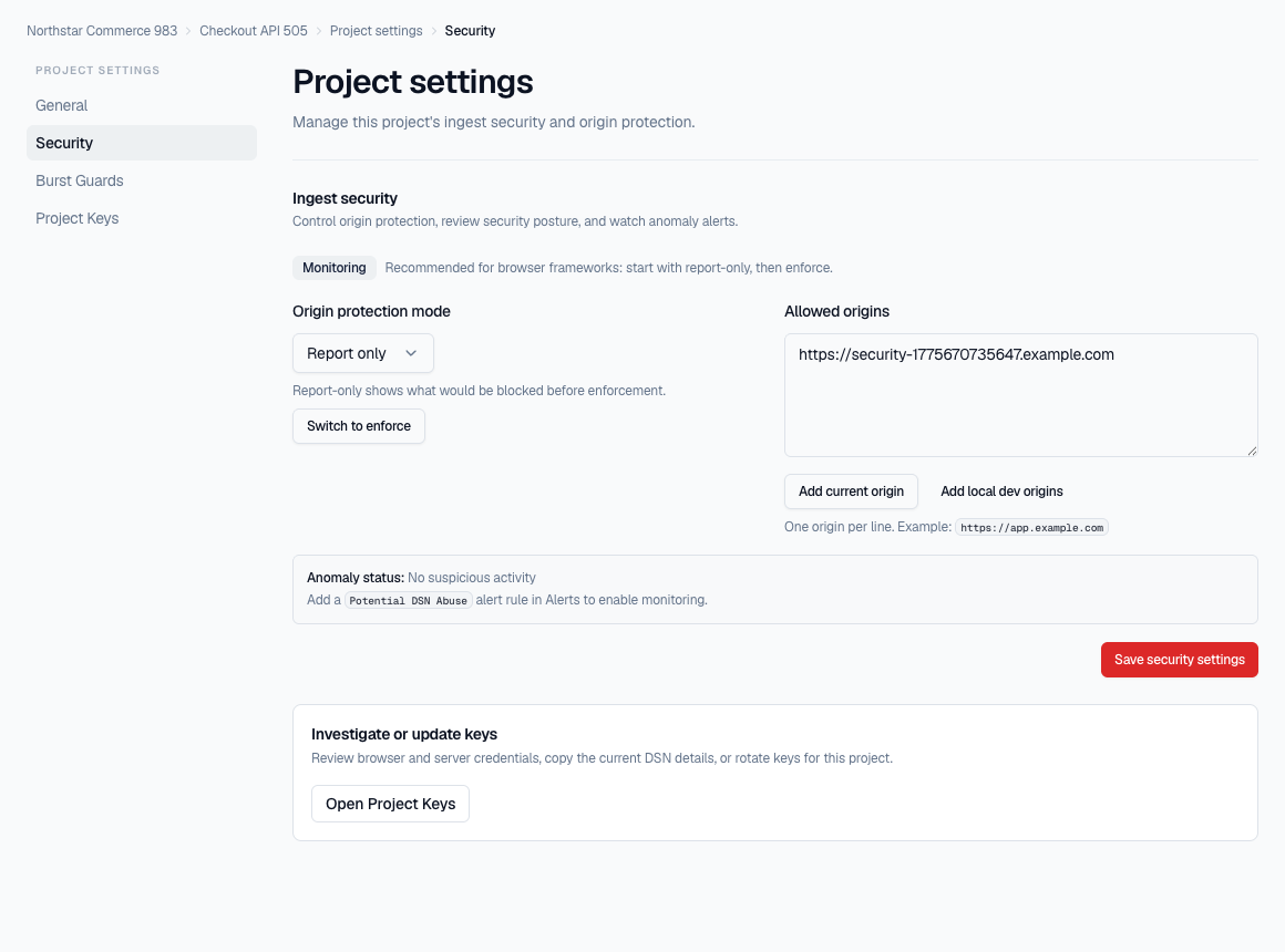 Errova project settings showing ingest security and SDK burst guard controls