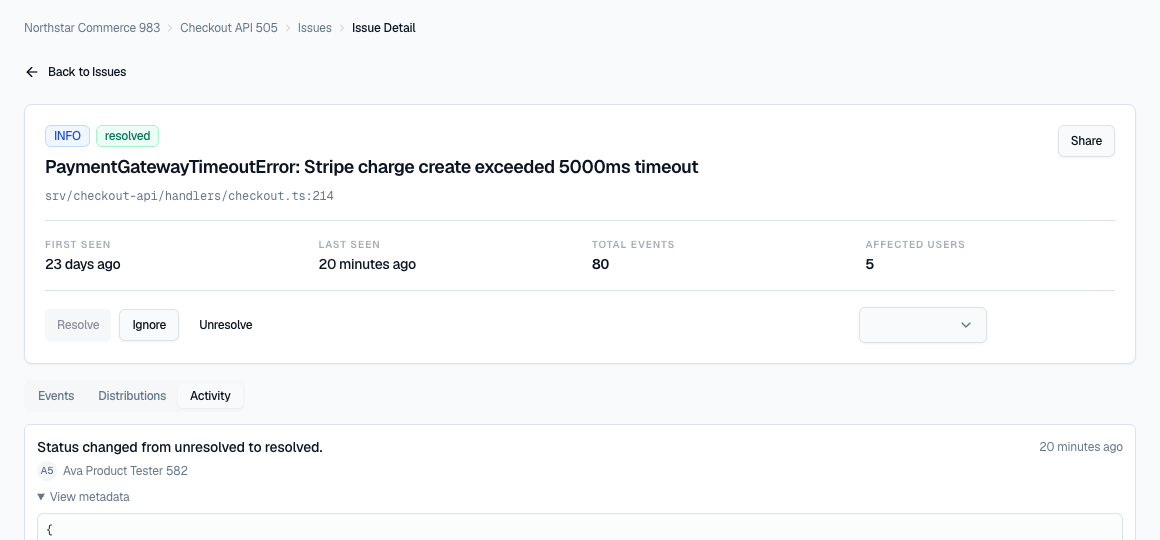 Errova issue activity timeline showing status updates and regressions