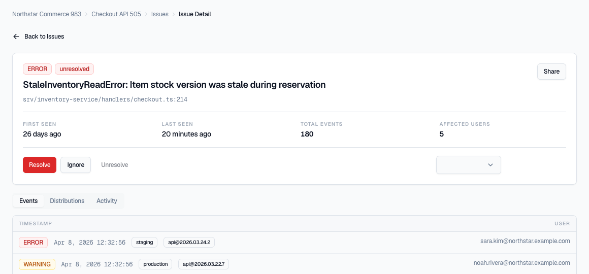 Errova issue detail with grouped events and status controls